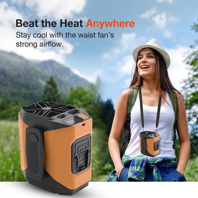 10000mAh Portable Waist Fan LED Lighting Hanging Neck Fan with Power Bank 5 Speed Strong Airflow Cooling Fan for Outdoor Working